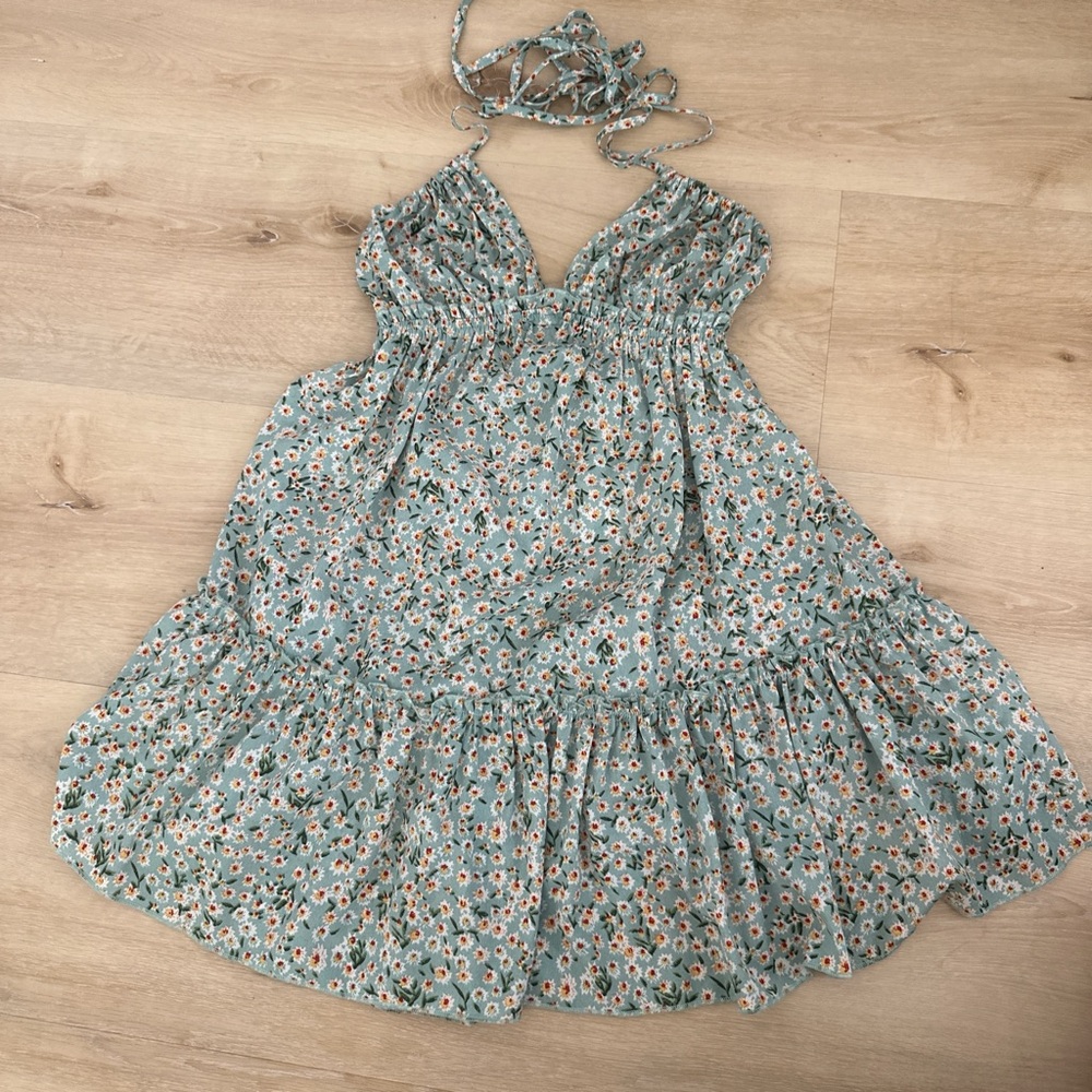 Shein Teal floral mini babydoll dress